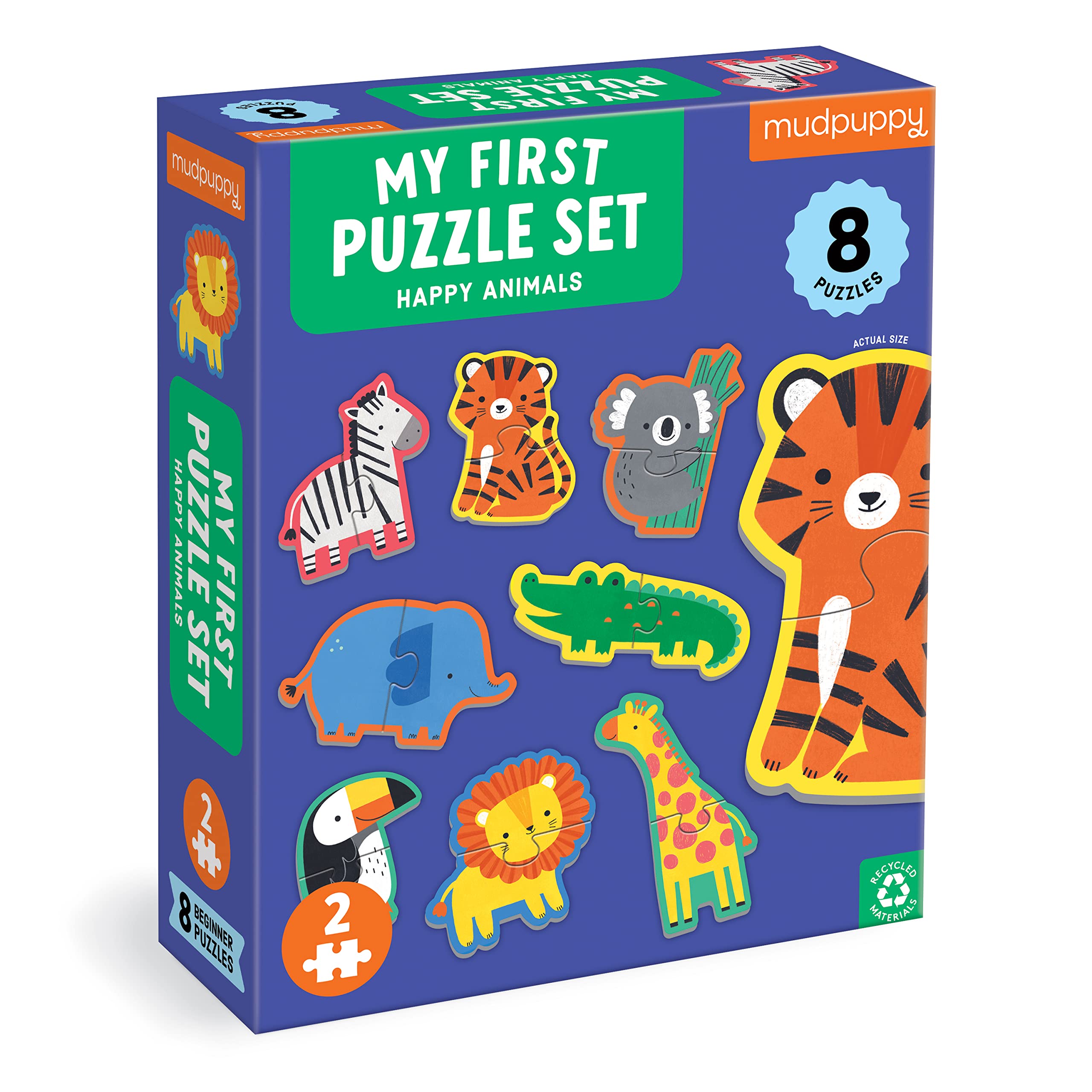 Mudpuppy Happy Animals – My First 2-Piece Puzzle Includes 8 Popular Animal Shaped Puzzles with Pattern Shape and Color Recognition for Children Ages 2-4