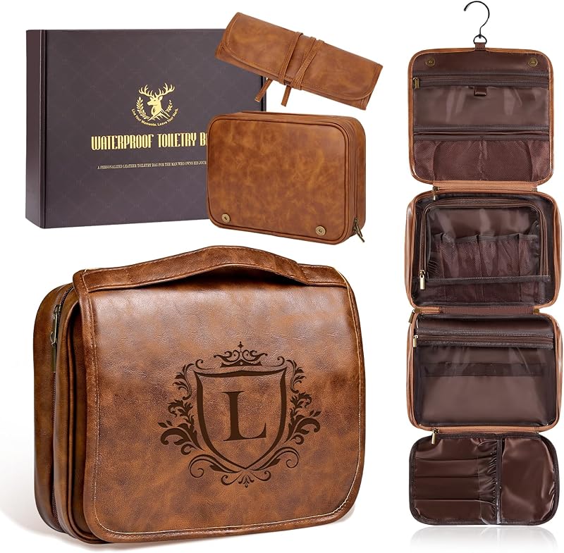 Aganmi Necessaire masculina personalizada, 3 em 1, grande, destacável e suspensa, marrom-claro, ALA00601L