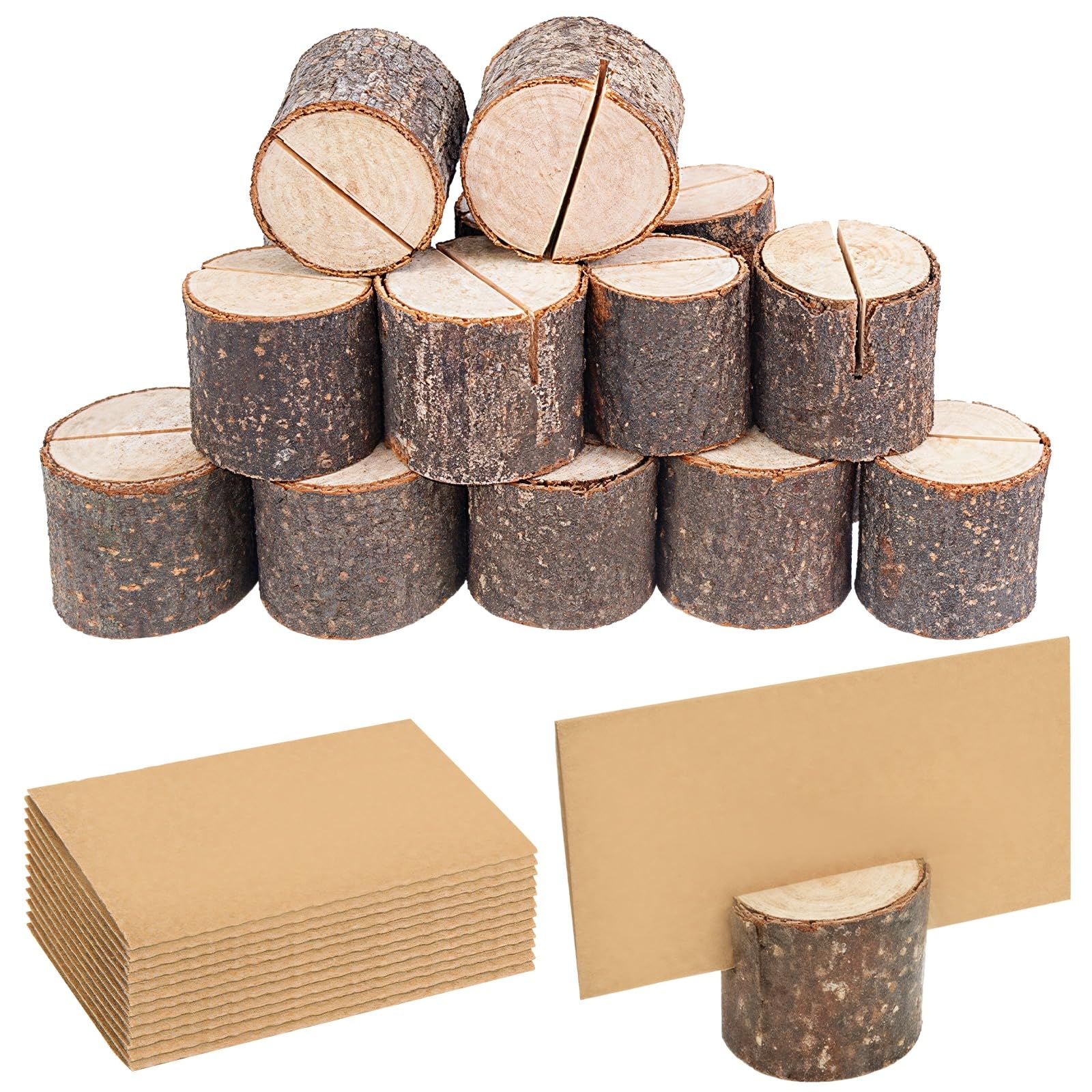 Portatarjetas de madera, 50 piezas, para mesa, bodas y decoración de fiestas, soportes para números de mesa estilo tocón de árbol, con ranura para tarjetas de lugar, tarjetas de visita, fotos y