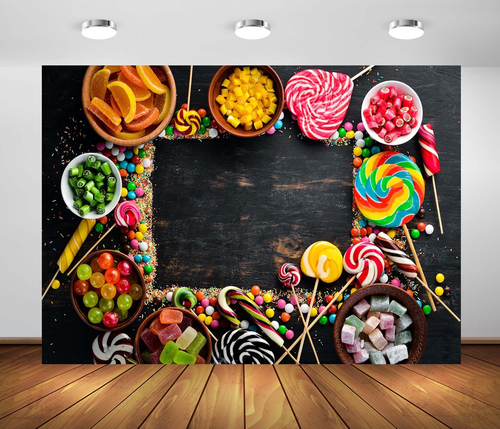 BELECO 6x4ft Fabric Sweet Candy Backdrop Colored Candies and Lollipops Candyland Background Candy Theme Party Decorations Birthday Baby Shower Cake