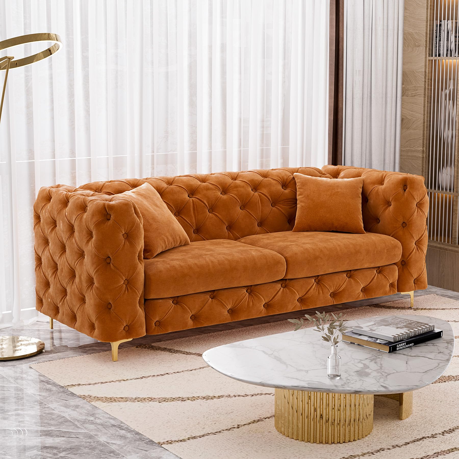 75 Inch Sofa Couch Modern Velour Upholstered Couch Contemporary Tufted Velvet Casual Sofa High Arm and Metal Gold Legs Decor with 2 Piilows Big Comfy Couch Sofa for Living Room,Orange