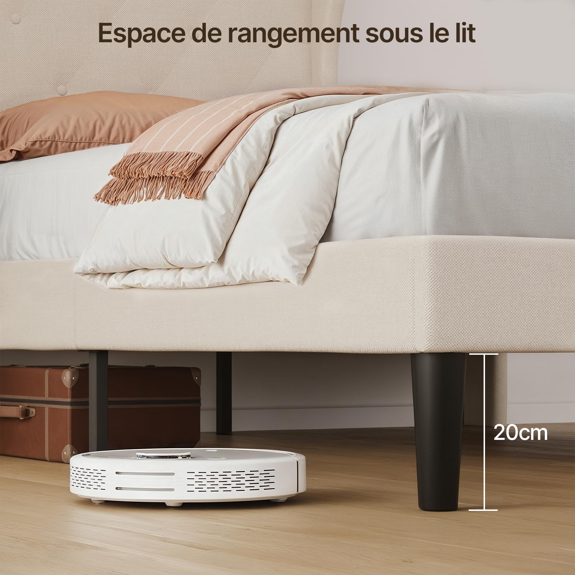 Xbro Lit Rembourré 90 x 200 cm,Forme Rembourré avec Support de Lattes en Bois,Lit Simple,Facile à Assembler et Stable,20 cm de Rangement,Beige