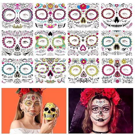 12 Sheet Day of the Dead Face Tattoos, Halloween Temporary Tattoos Face Sticker Skeleton Sugar Skull Fake Tattoos for Halloween, Masquerade and Parties