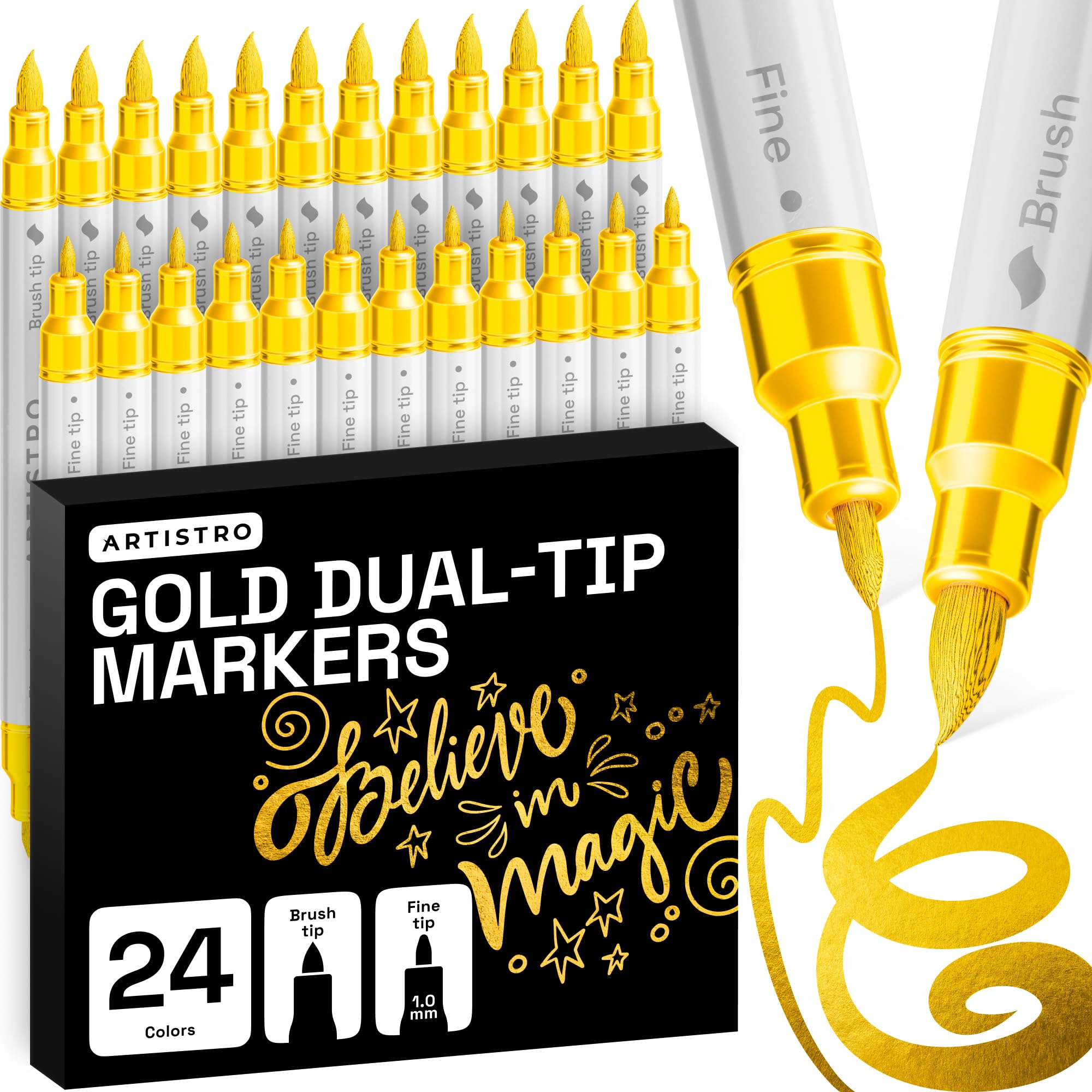 ARTISTRO 24 Gold Dual-Tip Acrylic Paint Marker Pens for Drawing