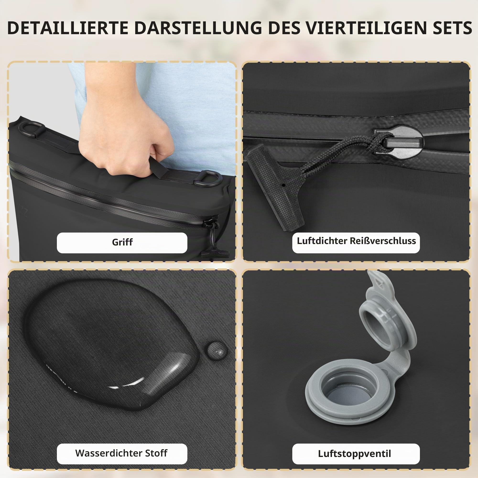 Koffer Organizer Compression Packwürfel Set, 4 Teilig Wiederverwendbar TPU Vakuumierbeutel mit IPX8 Wasserdichtem Reißverschluss Vakuumbeutel für Kleidung Unterwäsche, Socken, Schuhe