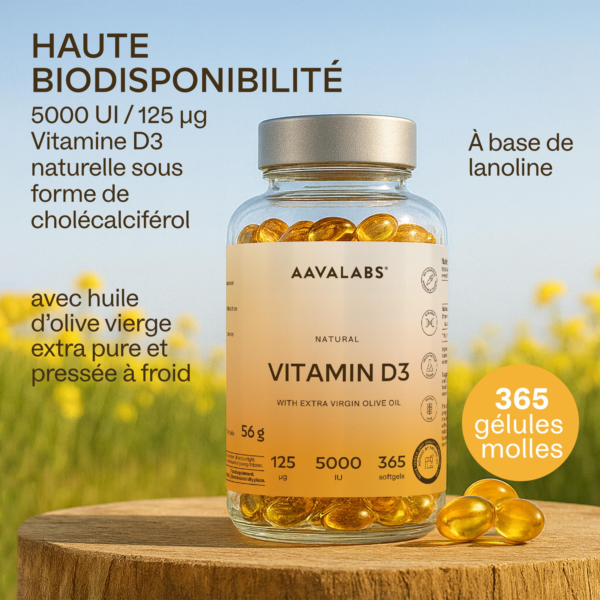 Vitamine D3 Naturelle Haute Concentration 5000 UI - Vitamine D avec Huile d’Olive Extra Vierge pour Absorption Optimale - Vitamines pour les Fonctions Osseuse, Musculaire, Immunitaire - 365 Gélules