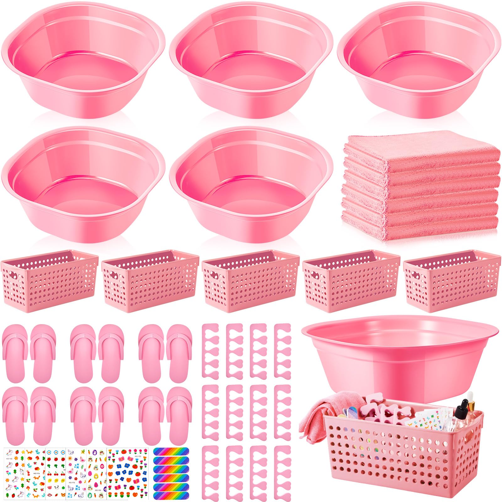 6 Sets Kids Foot Spa Kit for Girl Spa Party with Pink Washbasin Salon Towels Nail Kit for DIY Manicure and Pedicure Set with Foot Care Kit for Spa Party Sleepovers Slumber Party (Light Pink)
