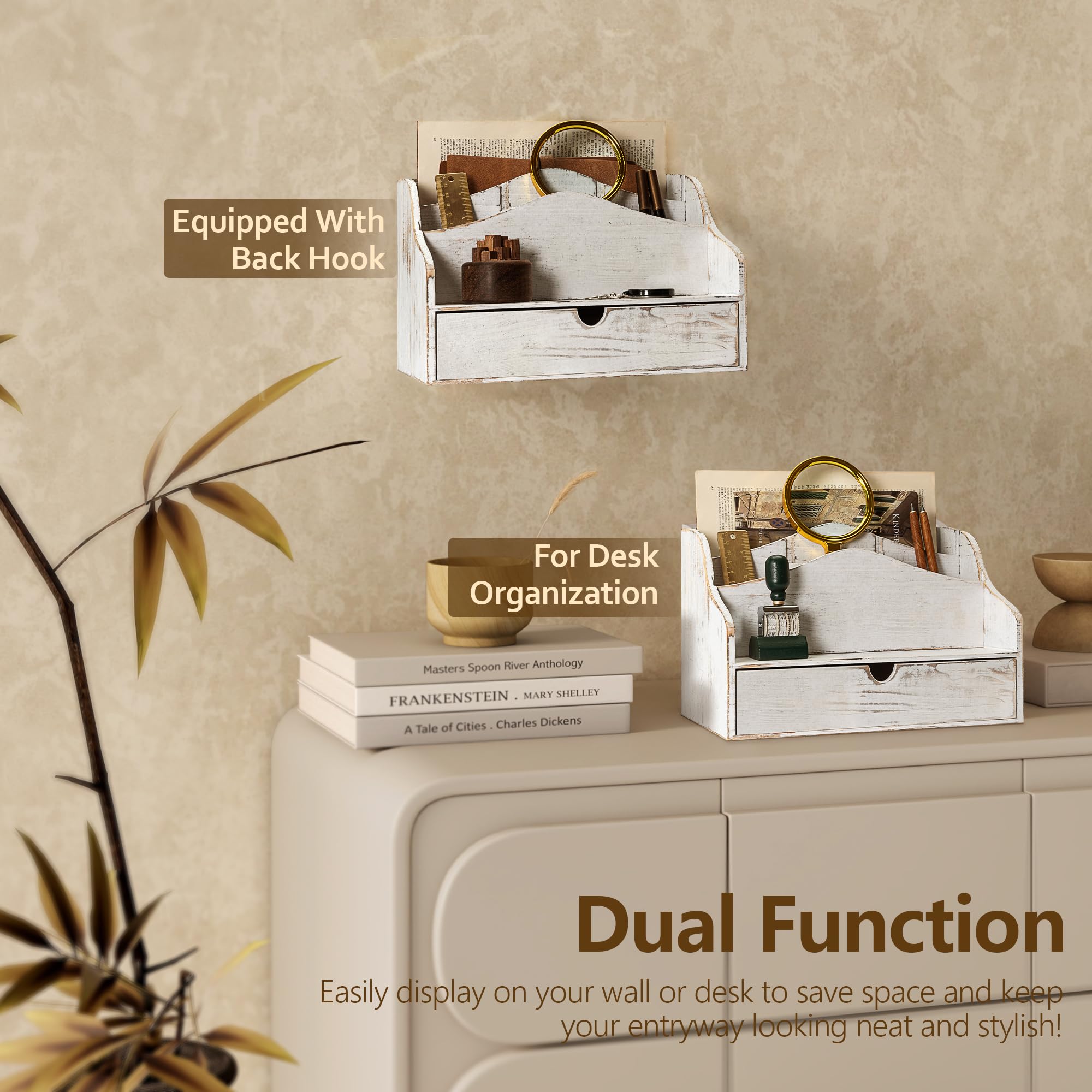 Organizer per posta da scrivania, in legno di pino, stile retrò, con cassetto e divisori, con 4 scomparti, per documenti e accessori da ufficio, organizer per ufficio per la decorazione della casa