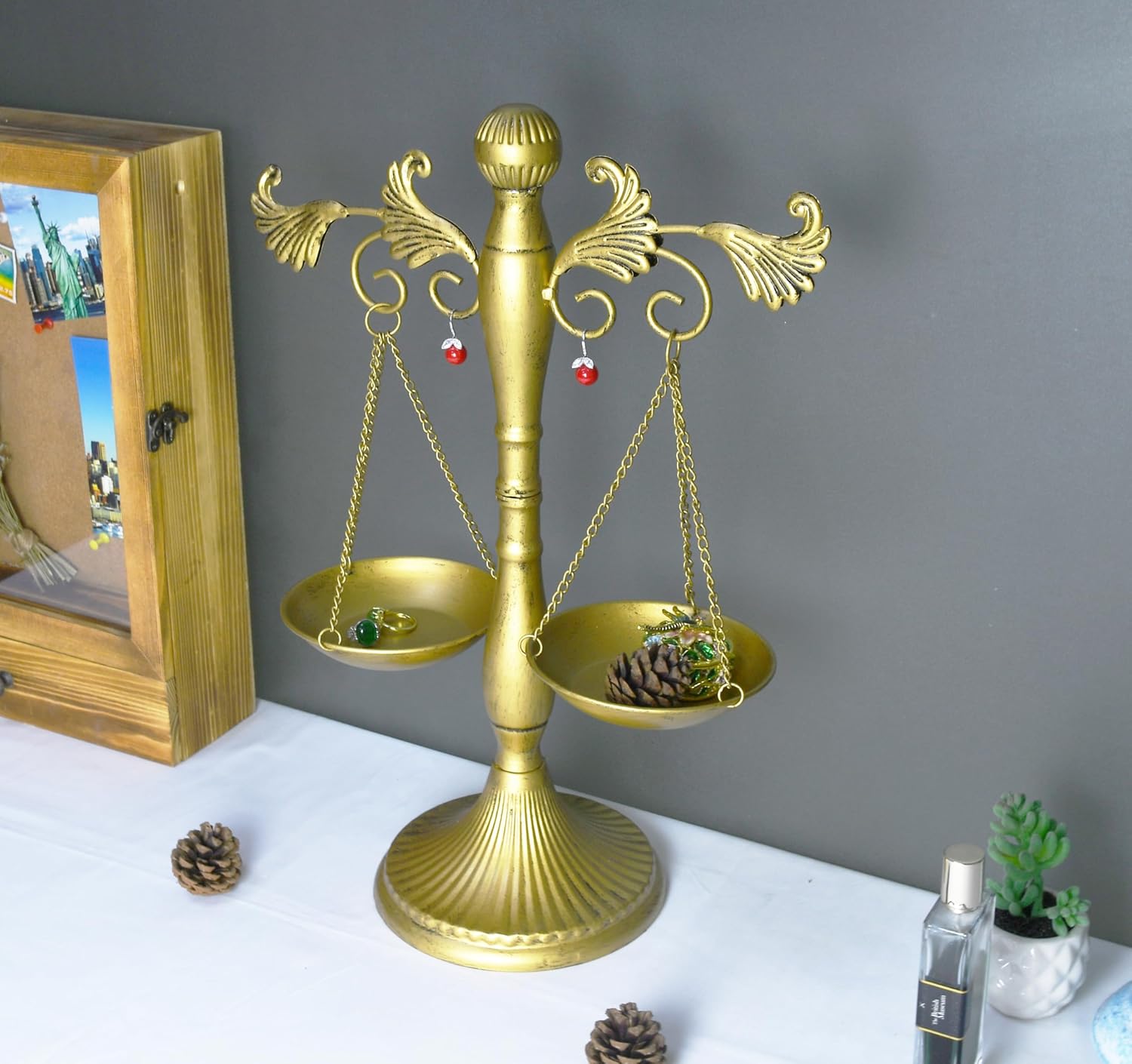 OwlGift Vintage Metal Libra Jewelry Display, Antique Scale Tray Cosmetic Organizer, Farmhouse Candleholder Lawyer of Justice, Unique Centerpiece Stand Storage – Golden,13.6" W x 18.3" H