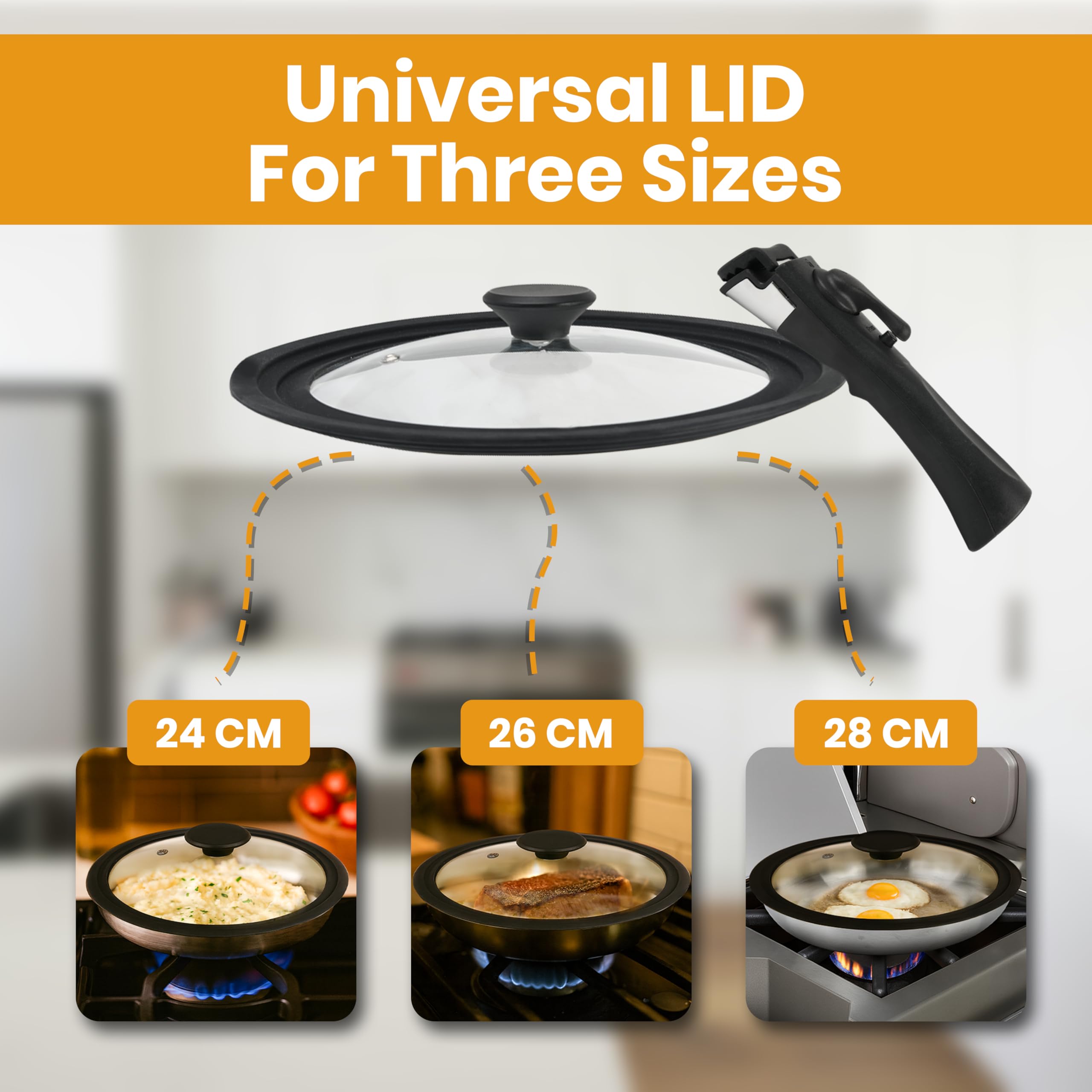 Padella in acciaio inox con coperchio con manico staccabile - Coperchio universale per padelle a induzione a 3 strati da 24/26/28 cm - Adatta al forno - Pentole da cucina compatte