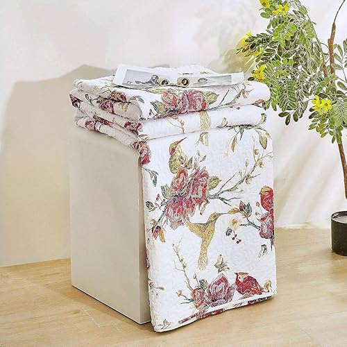 Miniatura 7 de Tache - Juego de colcha acolchada reversible con diseño floral rojo y blanco, diseño de colibríes dorados, color borgoña, marfil, antiguo, granja,