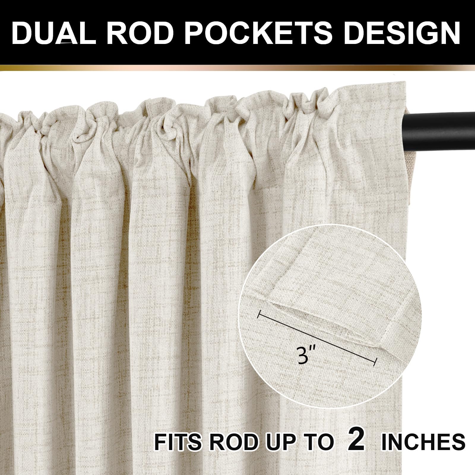 Tende Oscuranti Effetto Lino 100x200 Cm – Set 2 Pannelli – Total Blackout, Tessuto Testurizzato Beige, Con Tasca Porta Asta - 2