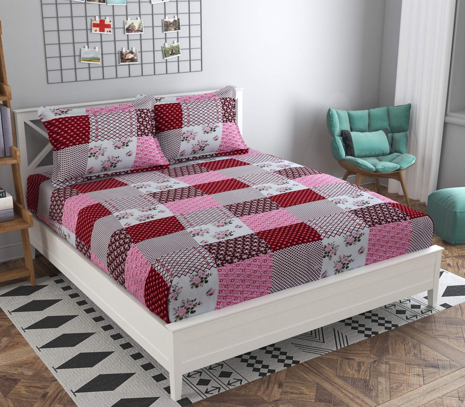 Generic 100% Glace Cotton Glorious Prints Flat Bedsheets for Double Bed with Pair of Pillow Covers ,Multicolor