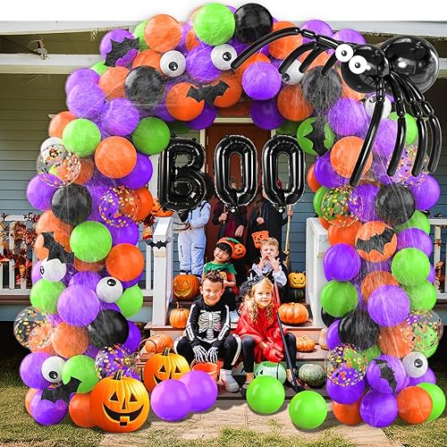 Miniatura 7 de Juego de guirnalda de globos de Halloween de 114 piezas para fiestas, globos de 5, 10, 12 y 18 pulgadas para decoraciones de Halloween al aire