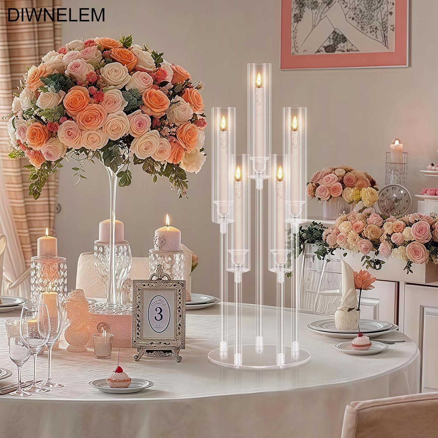 4Pcs Acrylic Candelabra Centerpieces for Wedding 5 Arm Clear Candle Candlesticks Holders 25.5" Tall Crystal Taper Candlestick with Shade Fit 0.87'' Led Candle for Christmas Party Home Decor