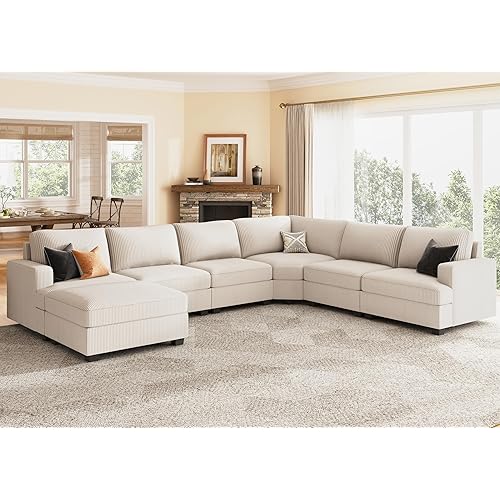 Nolany Modular U-Shape Oversized Corner Sectional Sofa with Storage Ottoman, Corduroy Fabric, Beige, 72.9"D x 128.5"W x 35"H