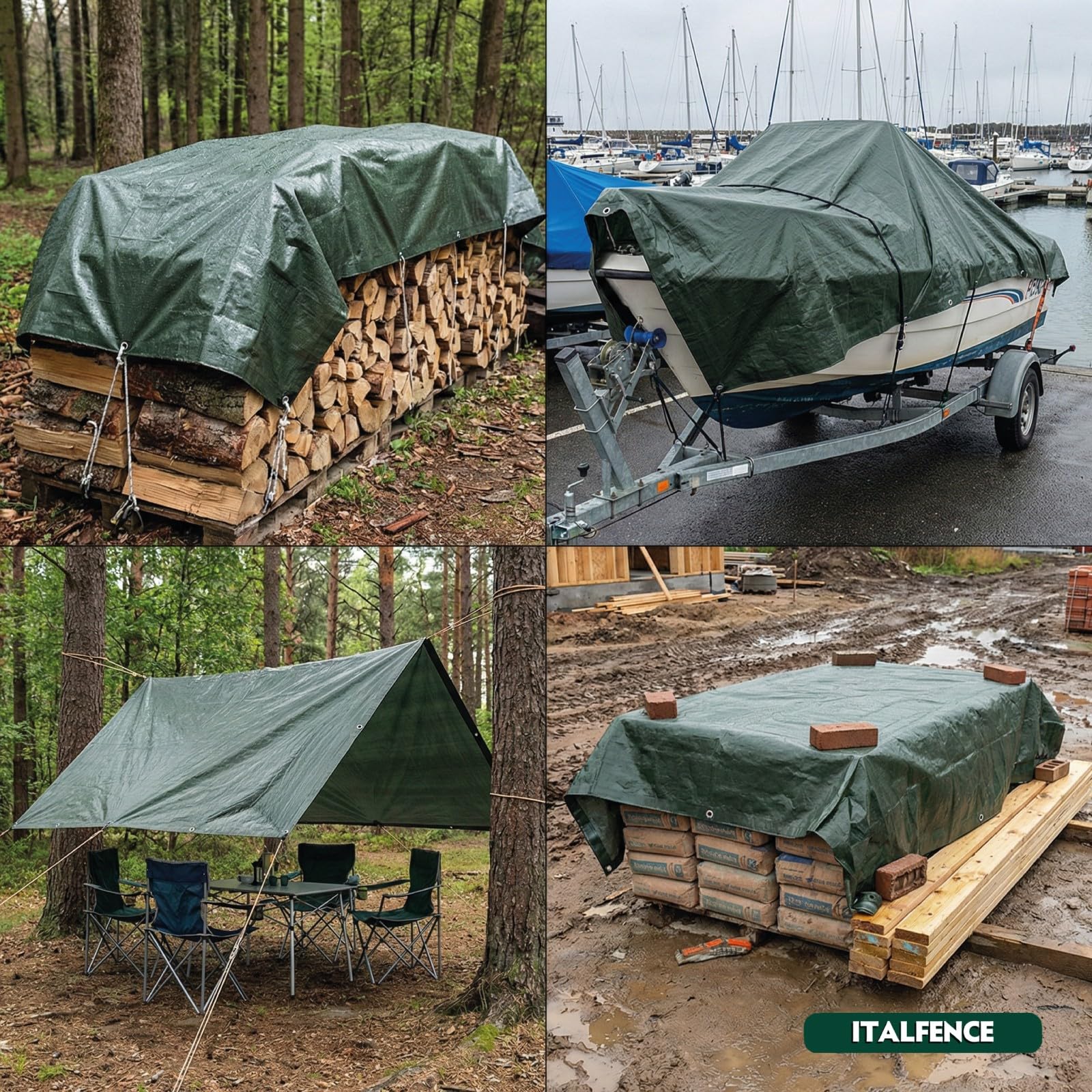 Lona Impermeable de PE 250 g/m² Verde, Reforzada con Ojales [2 x 3 m]