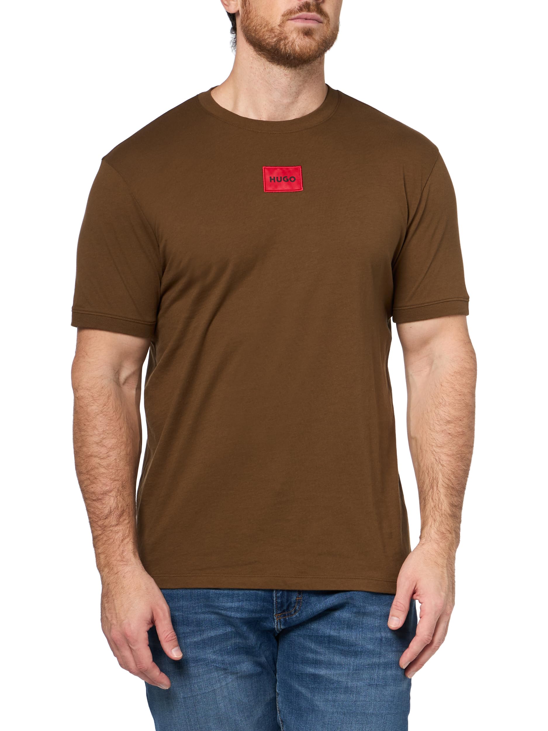 Hugo Men's Ribbed Crew Neck Regular Fit Center Logo T-Shirt, Dark Sepia, XXL