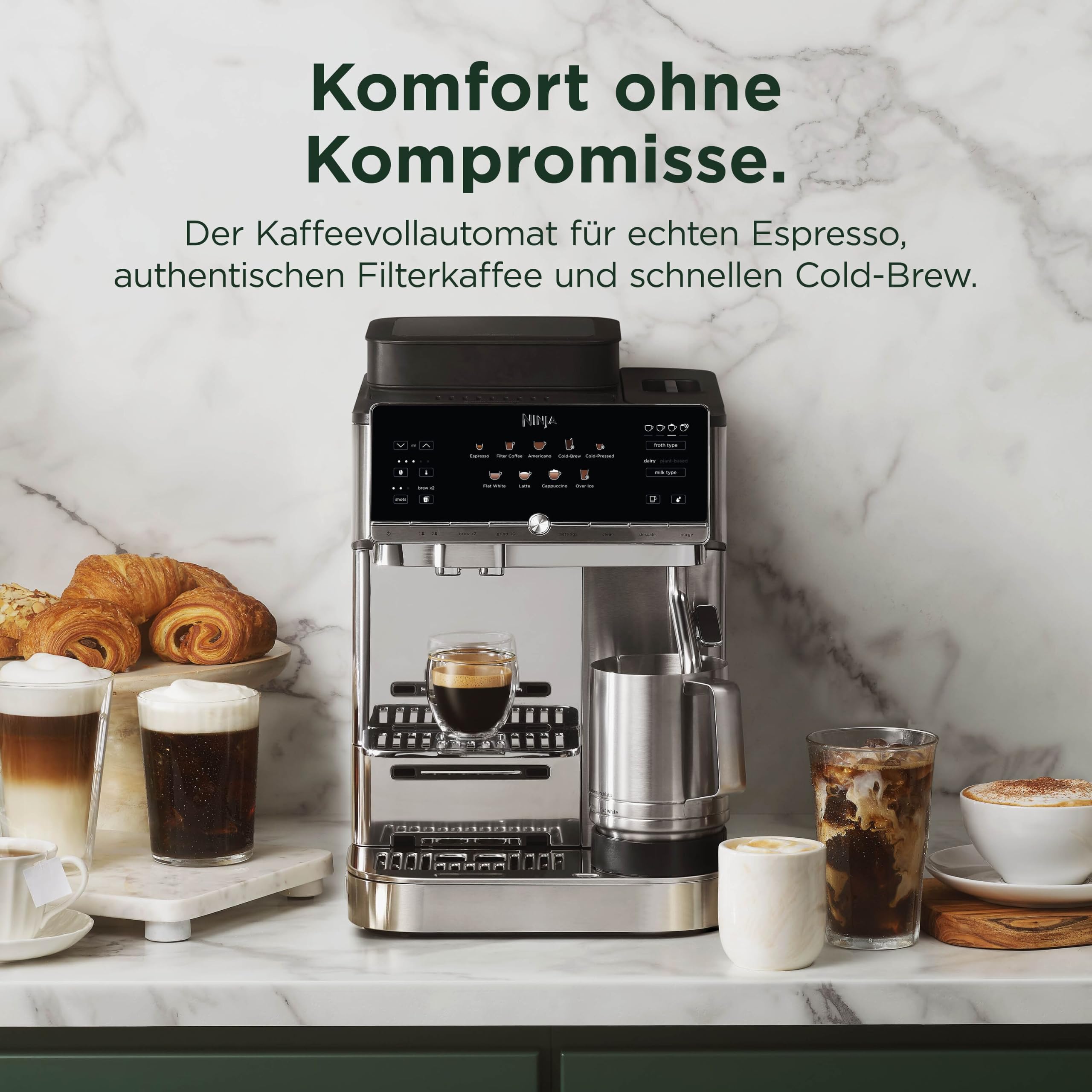 Ninja AutoBarista Kaffeevollautomat für Espresso, Filterkaffee und Cold Brew, 10 Getränkeprogramme und 4 Milchaufschäum-Voreinstellungen, spülmaschinengeeignete, abnehmbare Teile, Silber AE1001EU