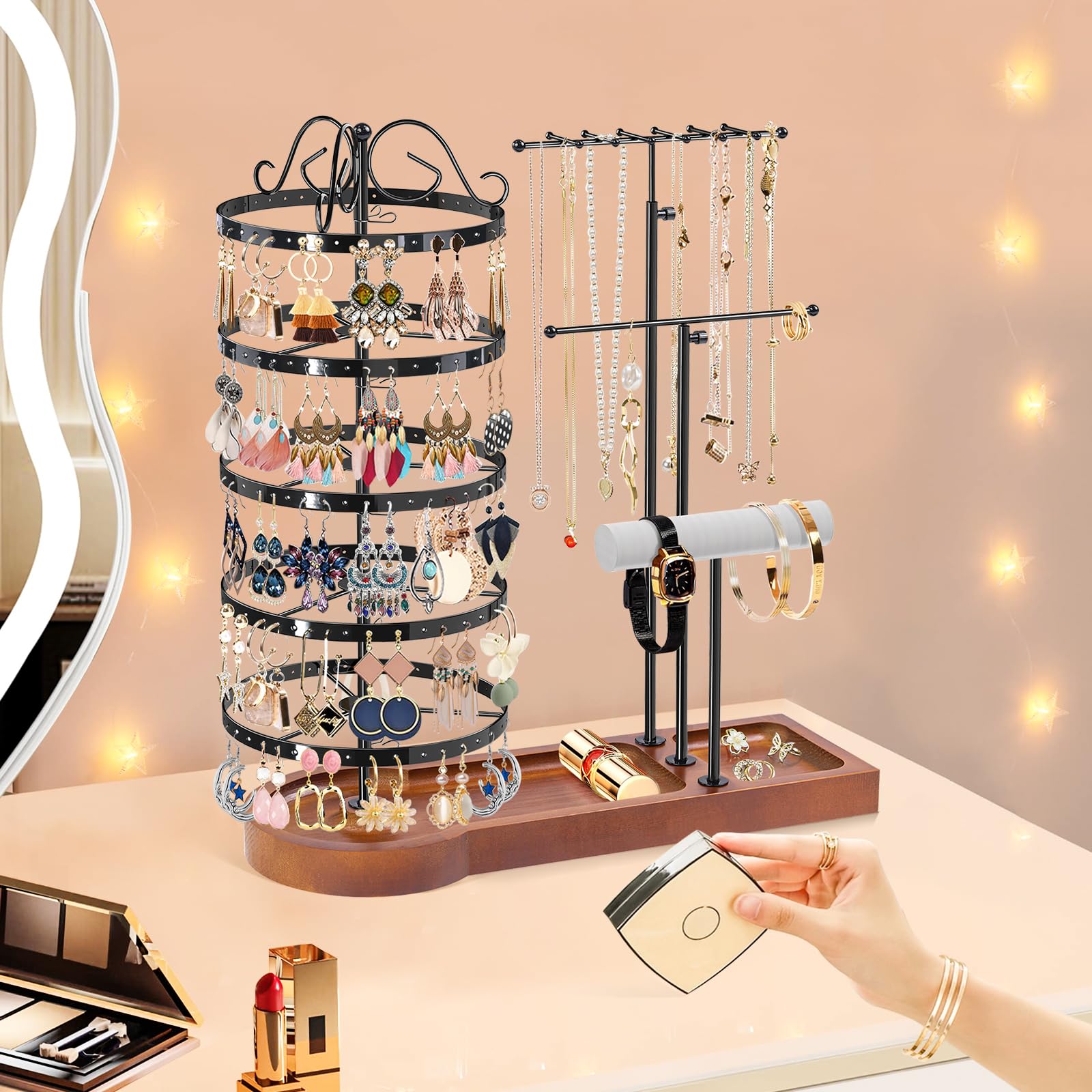 KALYLOC Schmuck-Organizer-Ständer, Schmuckständer mit drehbarem Metallrahmen, multifunktional, für Ohrringe, Halsketten, Armbänder, Ringe, Uhren für Schmuck, Präsentationsständer (schwarz)