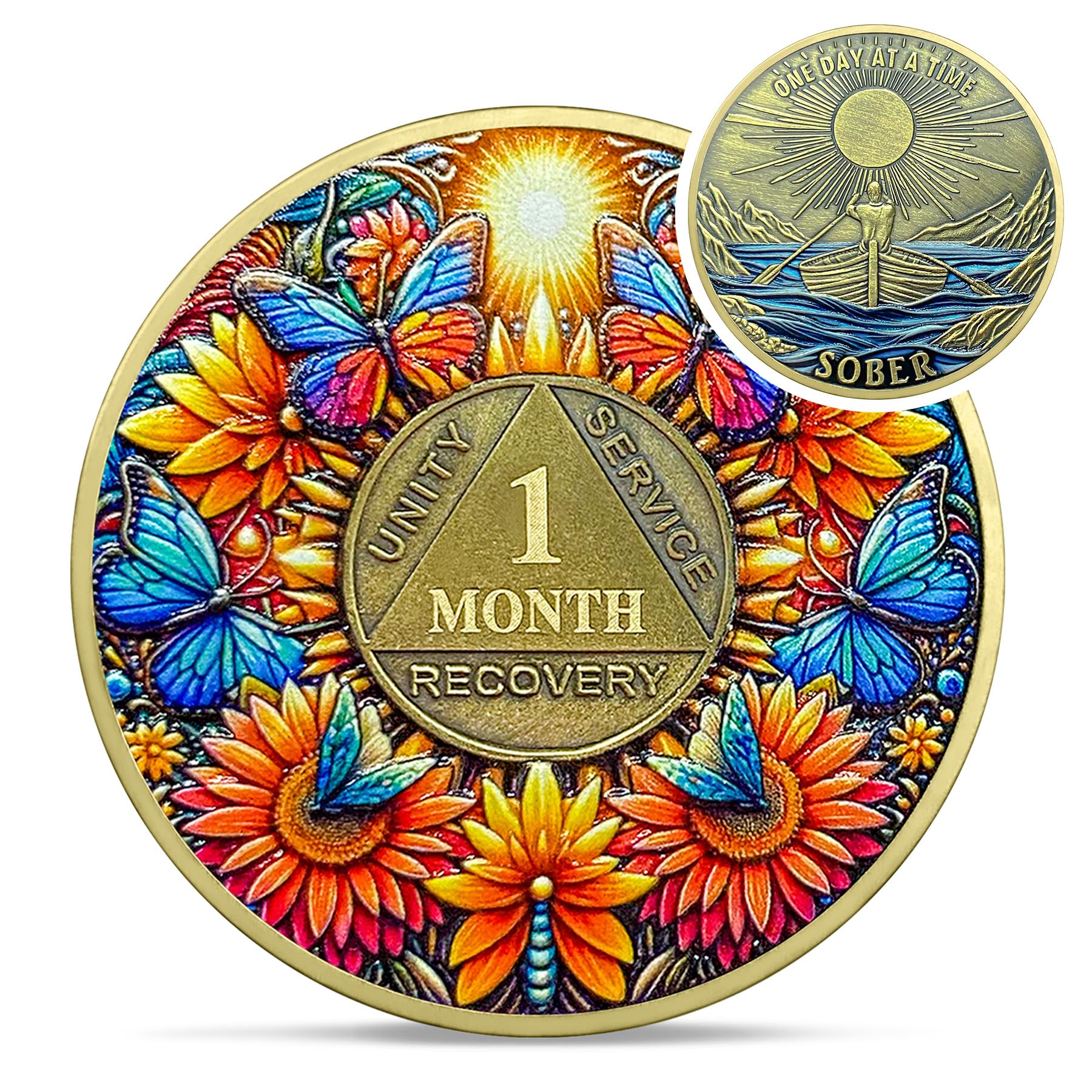 Delicate Sunflower 1 Month Sobriety Coin - One Day at A Time 30 Day AA Sobriety Chip - Recovery Butterfly NA AA Chips and Medallions - 1-40 Years