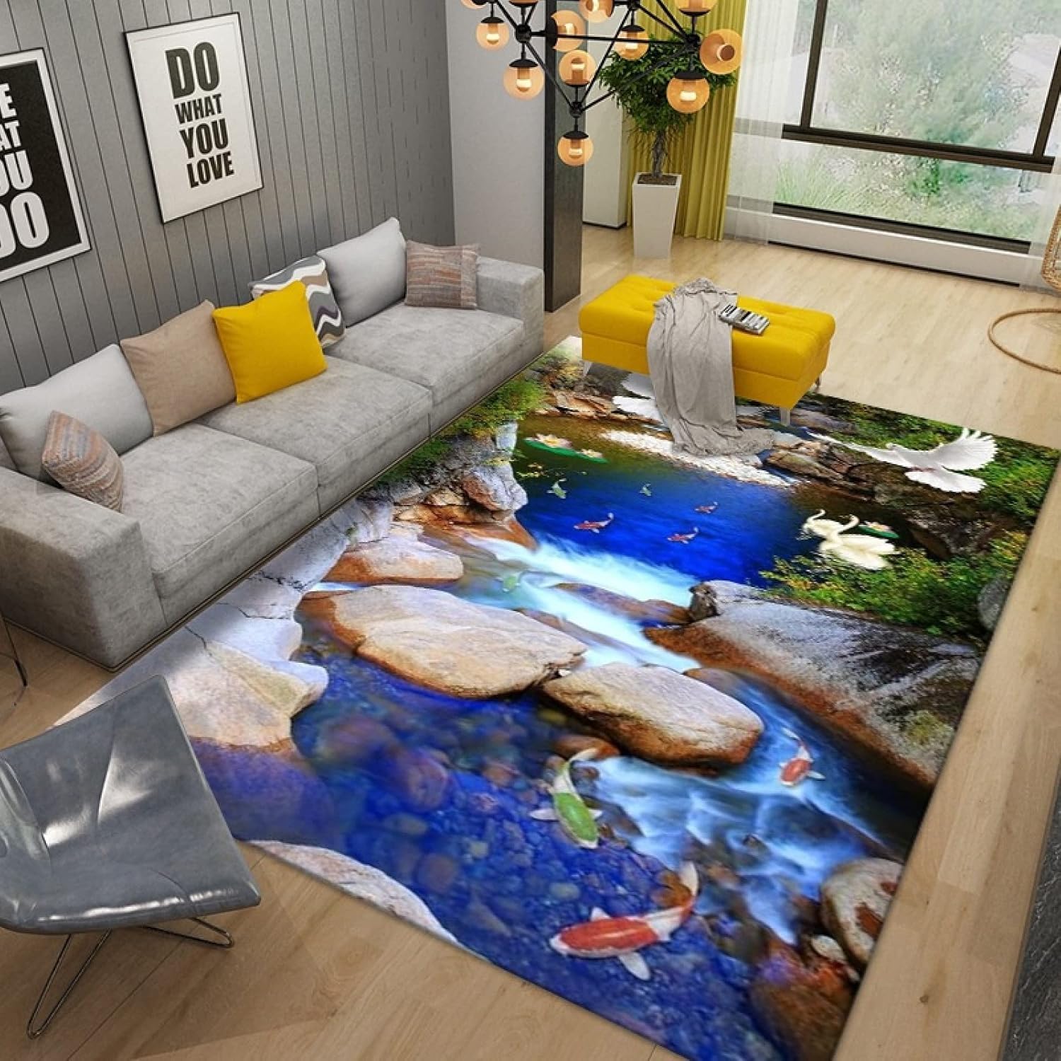 Tapis 3D à motif cascade sous la table basse de votre salon moderne