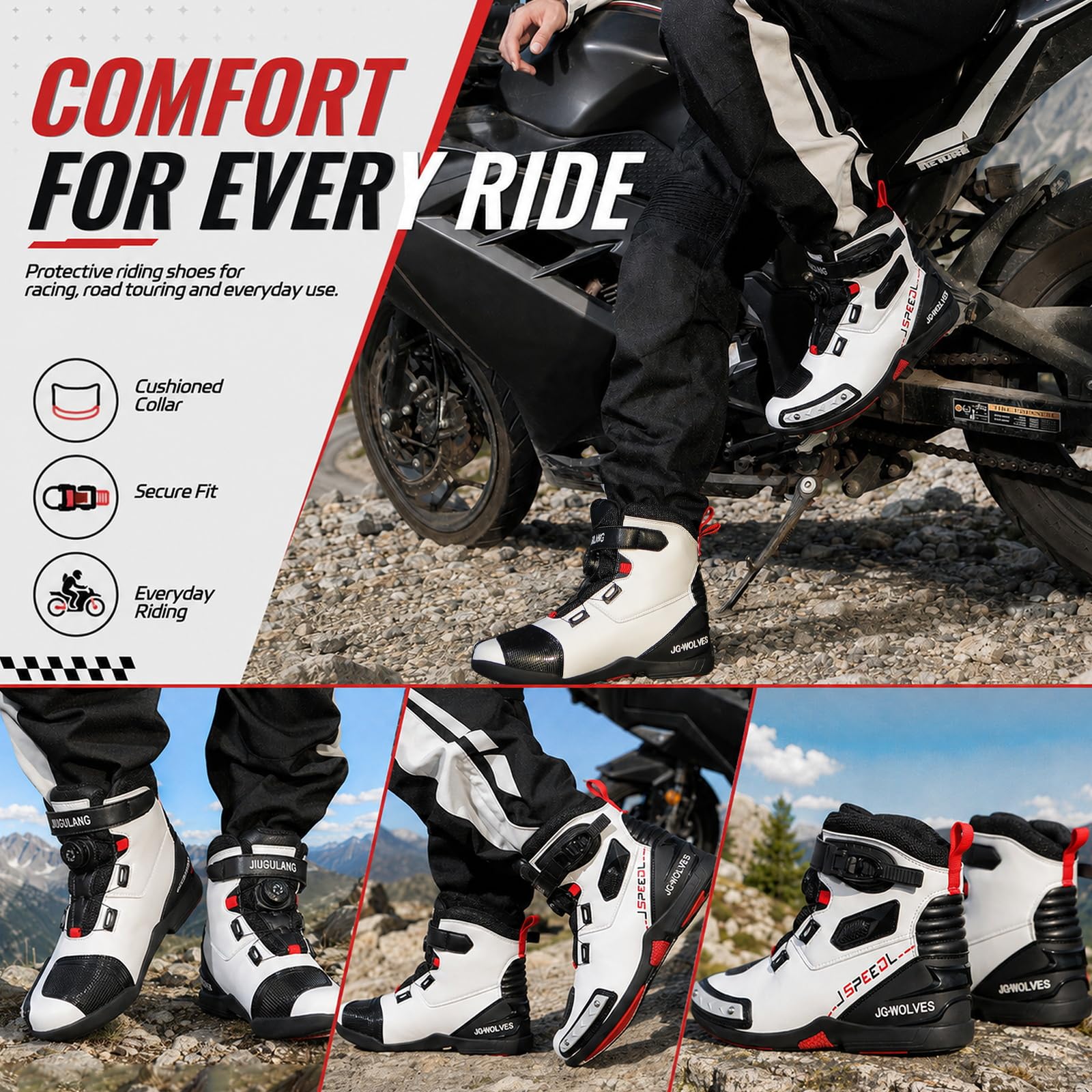 Scarpe da Moto per Uomo e Donna con Protezioni - Stivali Motociclisti Chiusura Rapida, Supporto per la Caviglia, Suola Antiscivolo