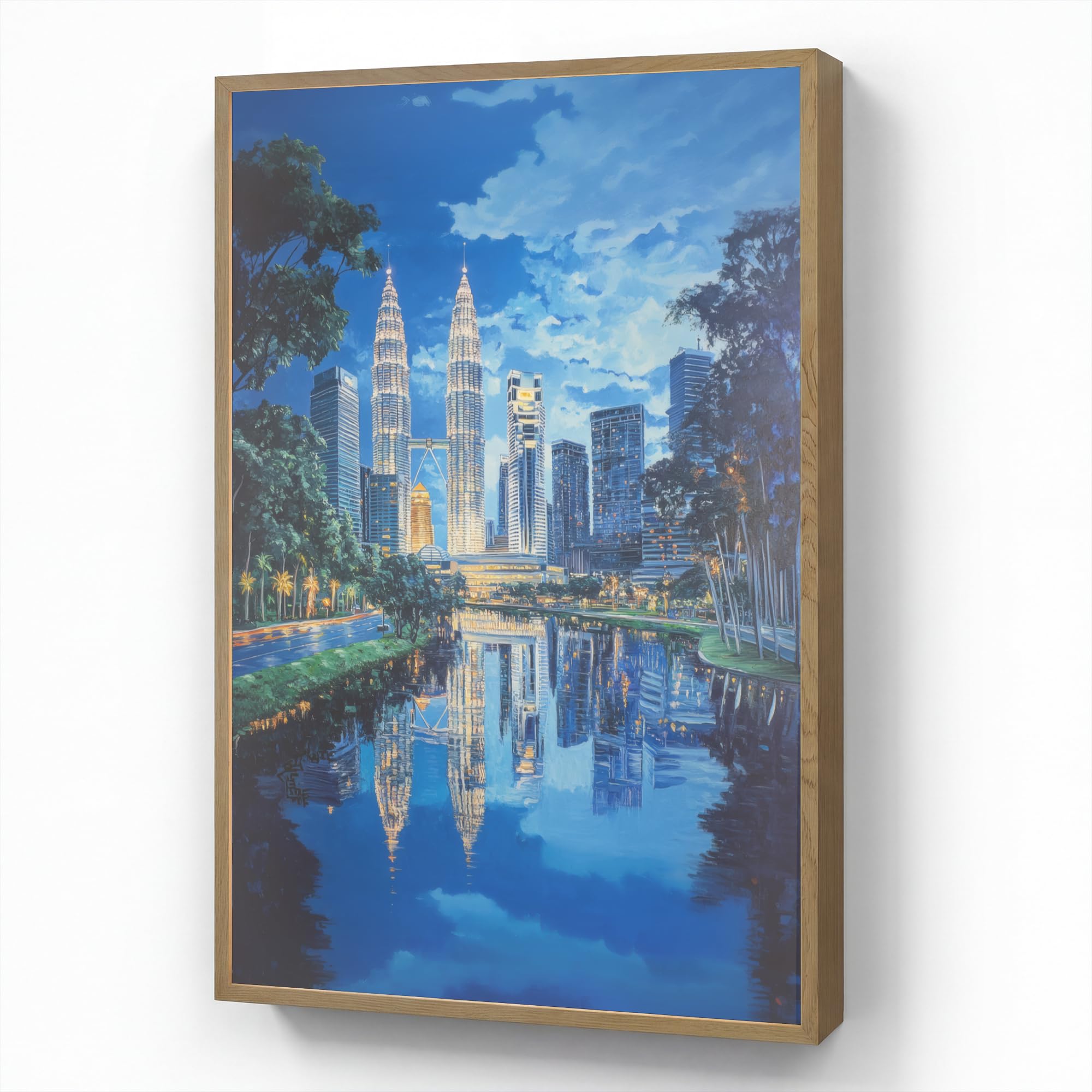 Moderne LED Wandleuchte Innen 60x90 cm Aufladbar Wandbeleuchtung Schlafzimmer Nachtlampe Flach Fernbedienung Warmes Still Licht Dimmbare Lampe Stadt Kuala Lumpur - Skyline - Wasser