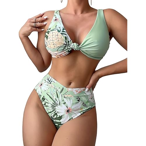 SOLY HUX Women's Summer High Waisted Two Piece Bikini Sets Swimsuit Leaf Print Bathing Suit