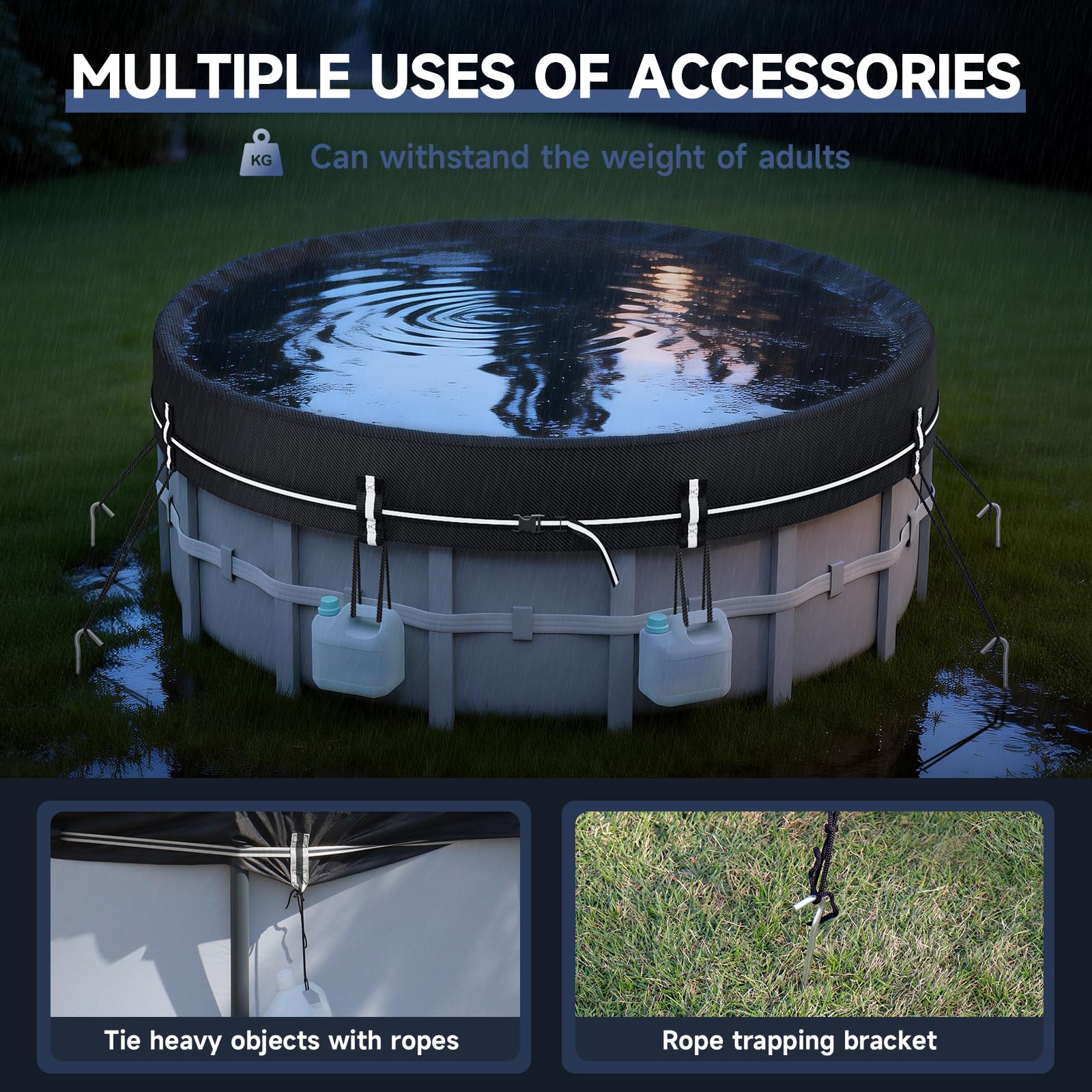 LXKCKJ 12 FT Round Pool Covers for Above Ground Pools, 420D Solar Pool Cover With Ground Nail Accessories Set, Spa covers for Hot Tub,Stock Tank Pool Cover Ideal for Waterproof, Dustproof, Windproof — view 6
