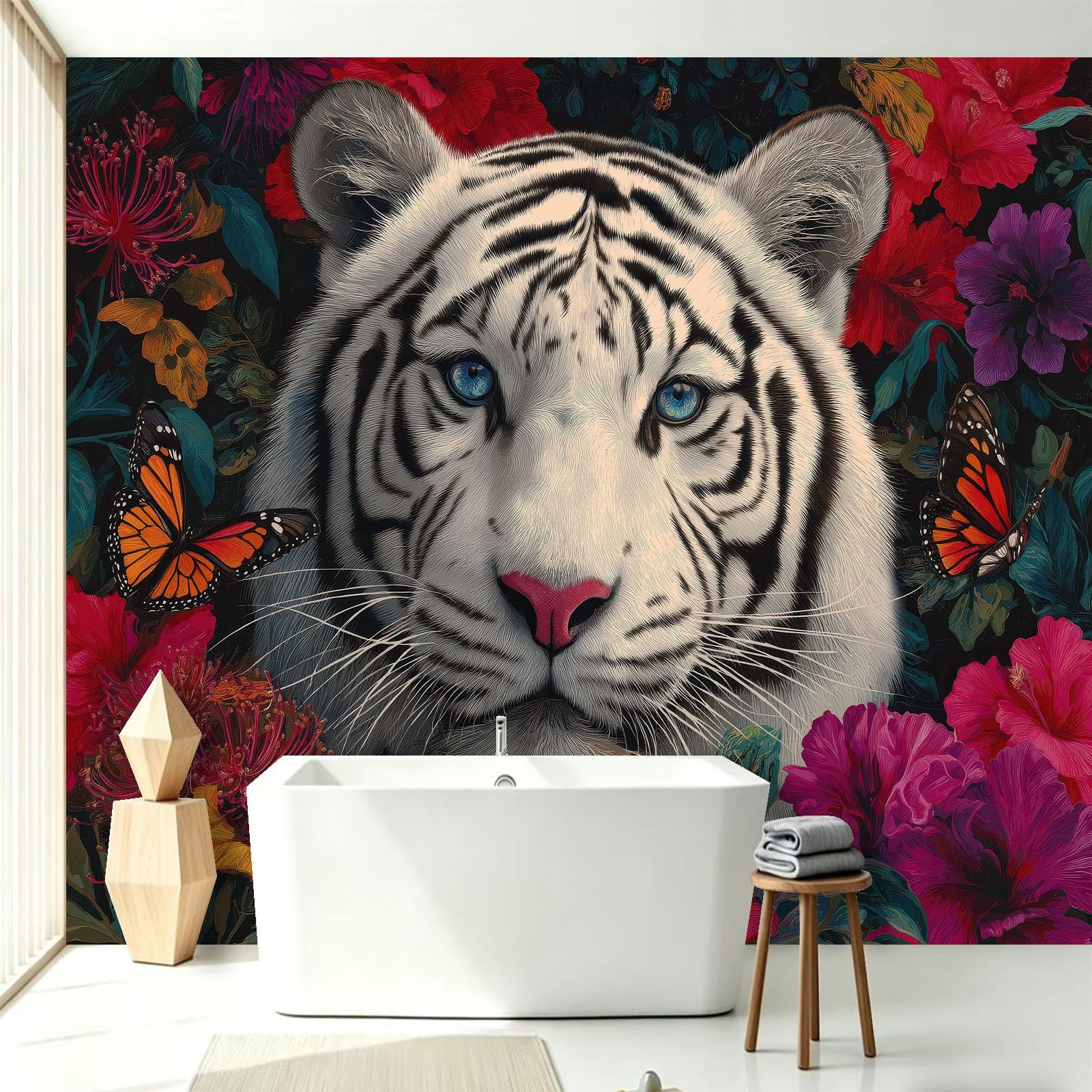 Générique Tapeta z włókniny tropikalnej dżungli, 200 x 140 cm, tygrys kwiaty zwierzę panoramiczne zdjęcie, łatwa do zainstalowania dekoracja ścienna do salonu, sypialni, kuchni