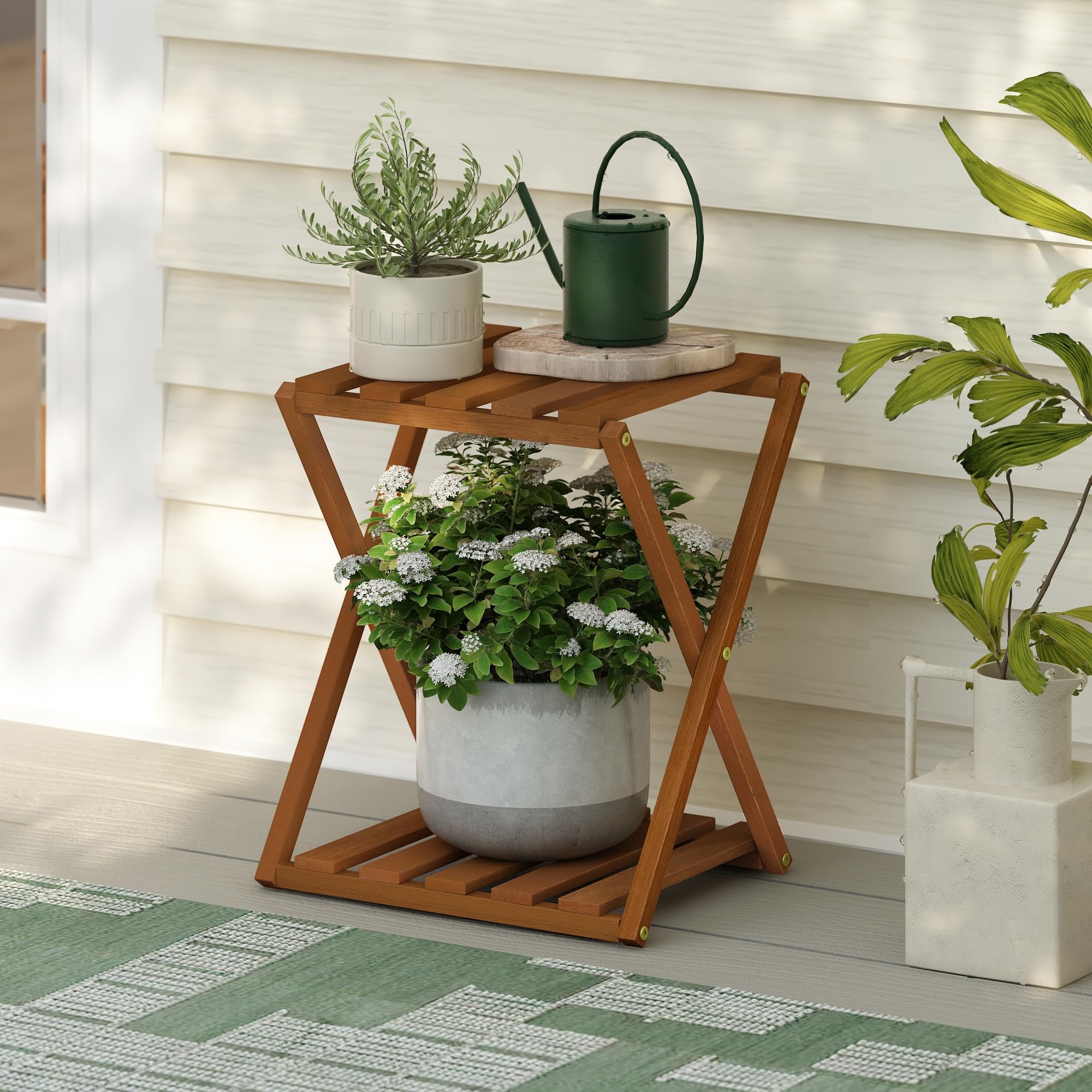 Furinno TIOMAN Patio Table, 2-Tier Outdoor Side Table, Toolless Multipurpose Folding Display Shelf, Plant Stand, for Patio, Garden, Porch, Light Wood