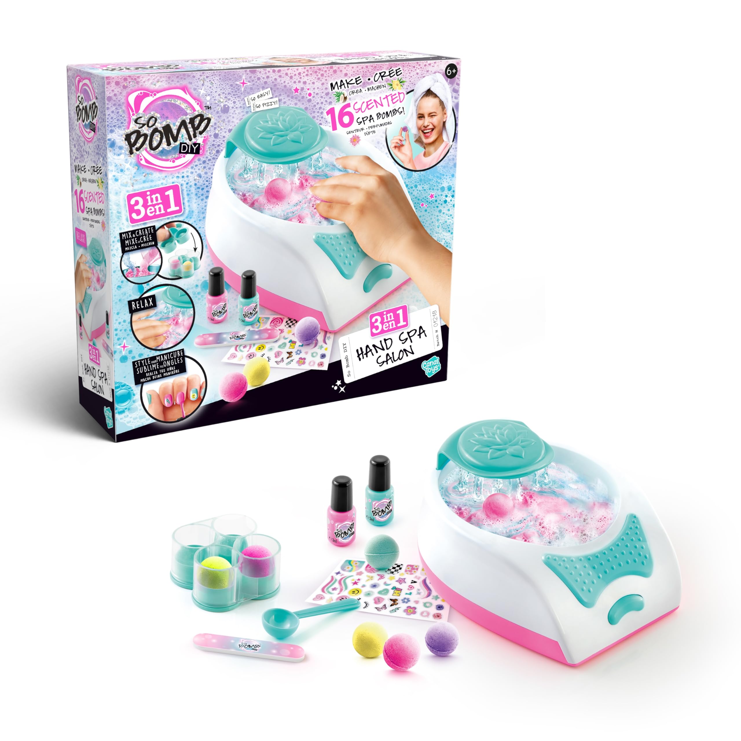 Canal Toys  So Bomb  3in1 Hand Spa Salon | Make Up to 16 Bath Bombs, Learn Manicure & Enjoy a Relaxing Hand Spa | DIY Set with Varnishes & Stickers  Creative Gift for Kids Aged 6+  BBD 050