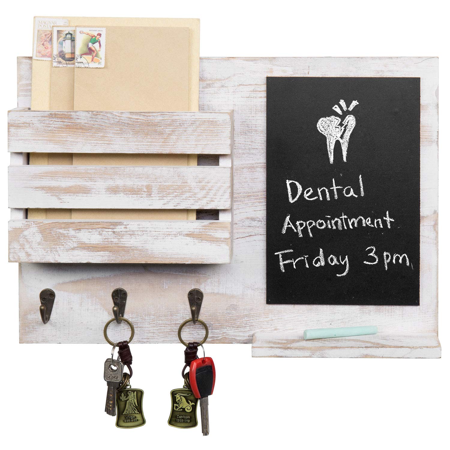MyGift Shabby Whitewashed Postale da Parete in Legno con Lavagna, 3 Ganci per Chiavi e Ripiano