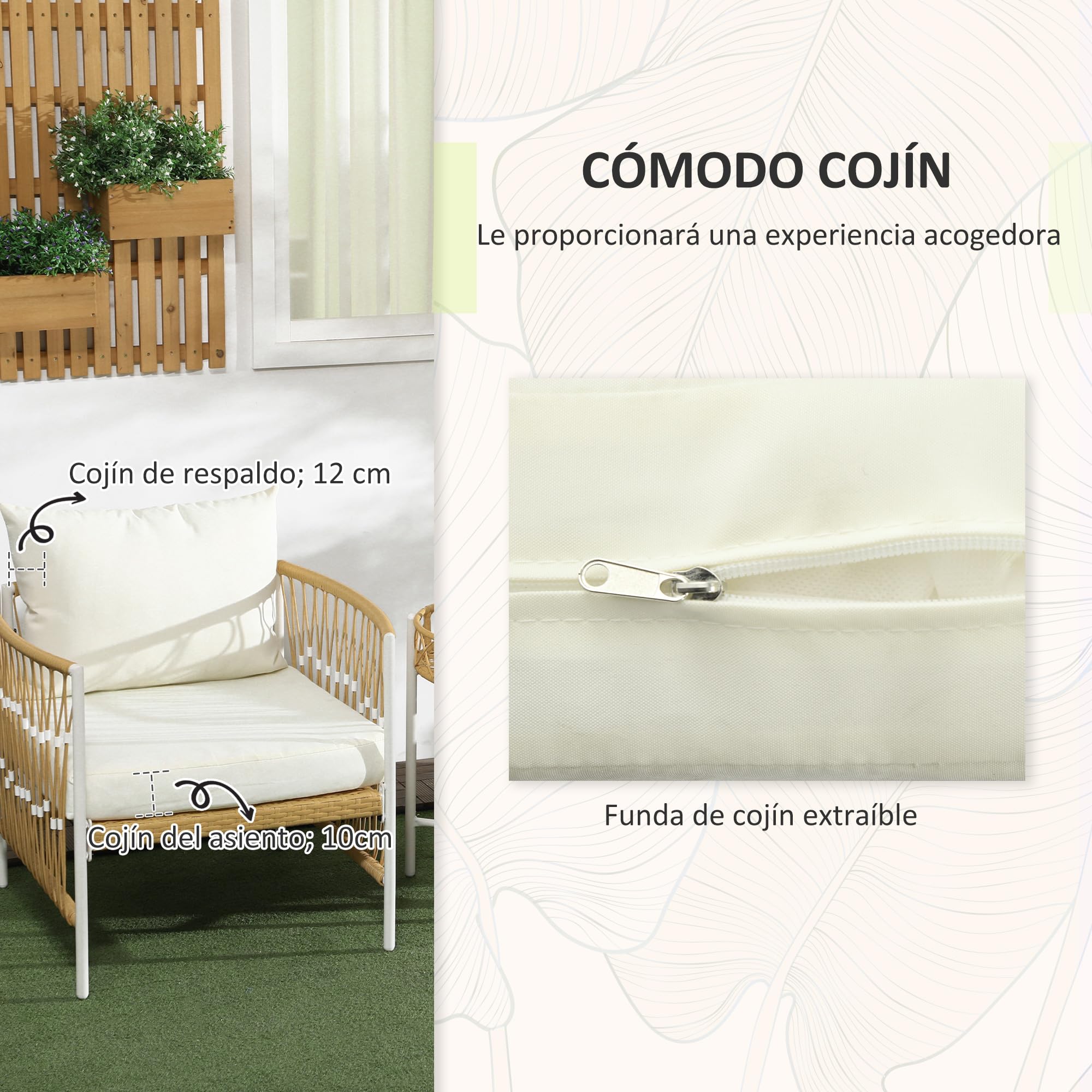 Outsunny Conjunto Jardín Exterior de 3 Piezas, 2 Sillas, Balcón, Crema | Muebles de Jardín, Mesa de Ratán, Cojines Acolchados, Fundas Extraíbles, Marco de Acero, Resistente a la Intemperie