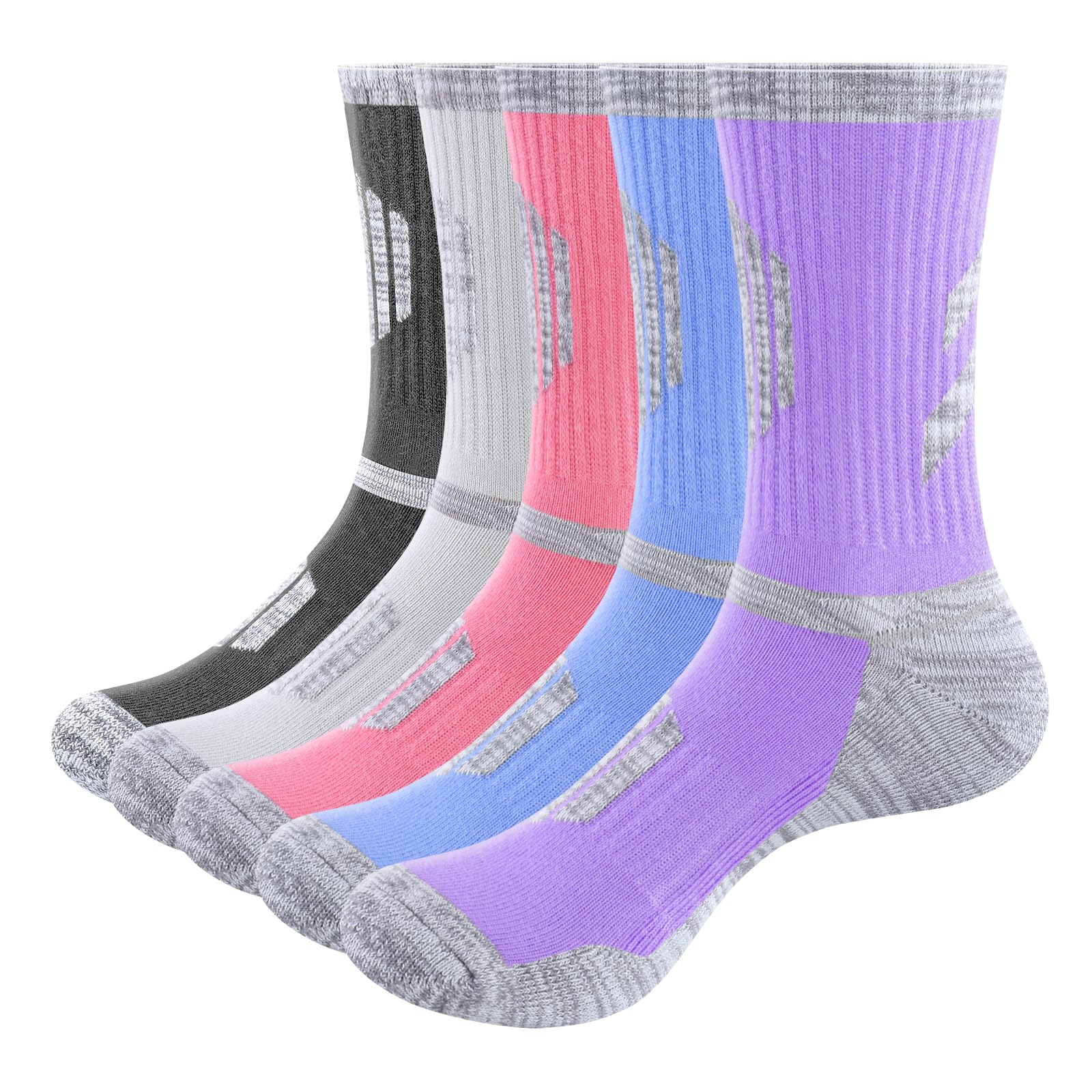 Yuedge Women's Multicolor Walking Sports Socks Sweat Wicking Cushioned Anti Odor Cotton Cushioned Crew Casual Work Athletic Crew Socks For Size 6-10, 5 Pairs