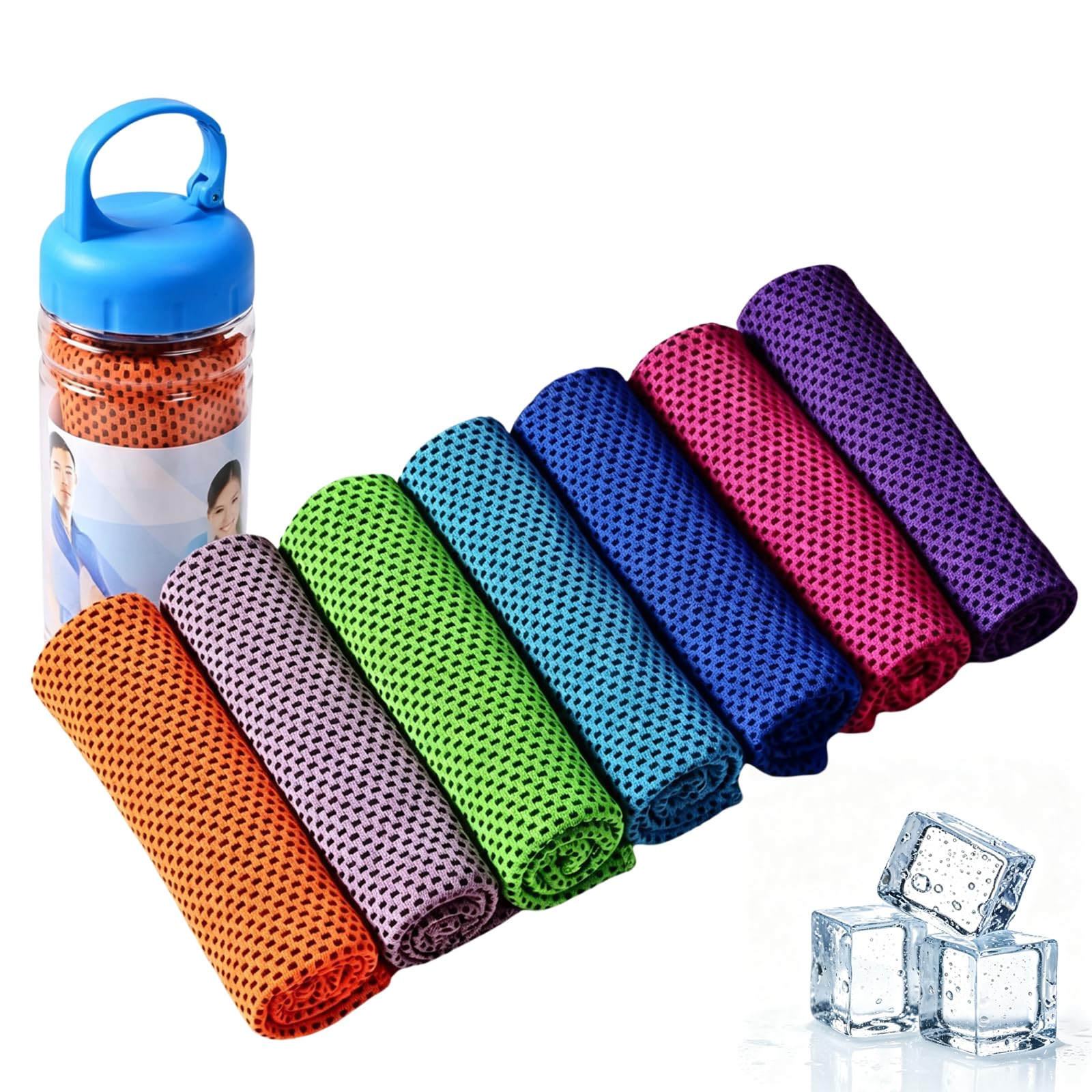 Ręczniki chłodzące 30 x 100 cm, Instant Cold Microfiber Ice Towel Soft Breathable Neck Wrap, wielokrotnego użytku w przenośnej butelce, do jogi, sportu, biegania, na kemping, do treningu (8 szt.)