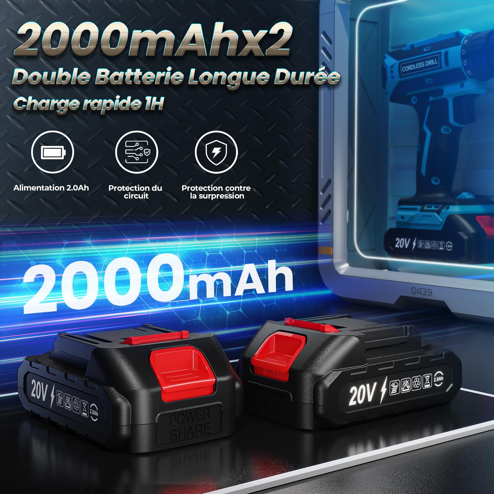 Perceuse Visseuse Sans Fil 20V Compatible Batteries Makita, 42Nm, 2 Vitesses LED, 25+1 Couple, 10mm Mandrin