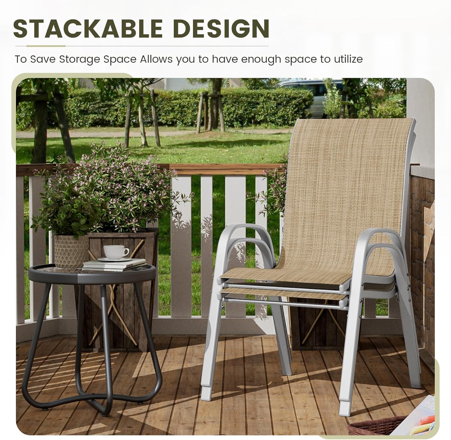 UDPATIO Patio Chairs Set of 2, Stackable Silver Outdoor Dining Chairs with High Back, Breathable Textilene Fabric Outdoor Chair All Weather, 350LBS Capacity for Garden, Backyard (Beige)