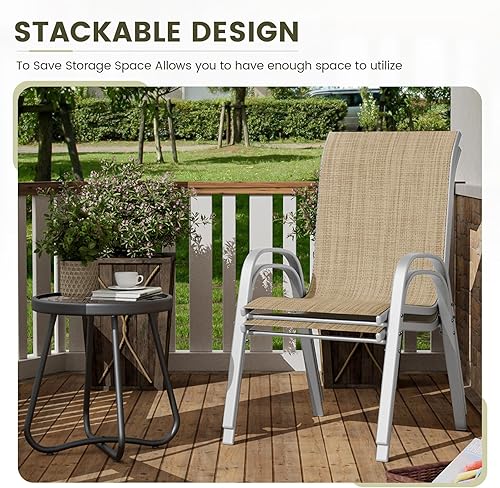 Miniatura 5 de UDPATIO Juego de 2 sillas de patio, sillas de comedor apilables plateadas para exteriores con respaldo alto, silla de tela de textileno transpirable