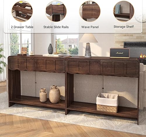Miniatura 5 de Mesa consola con 2 cajones, mesa de entrada moderna de mediados de siglo de 42 pulgadas con estantes de almacenamiento abiertos, mesa de sofá detrás