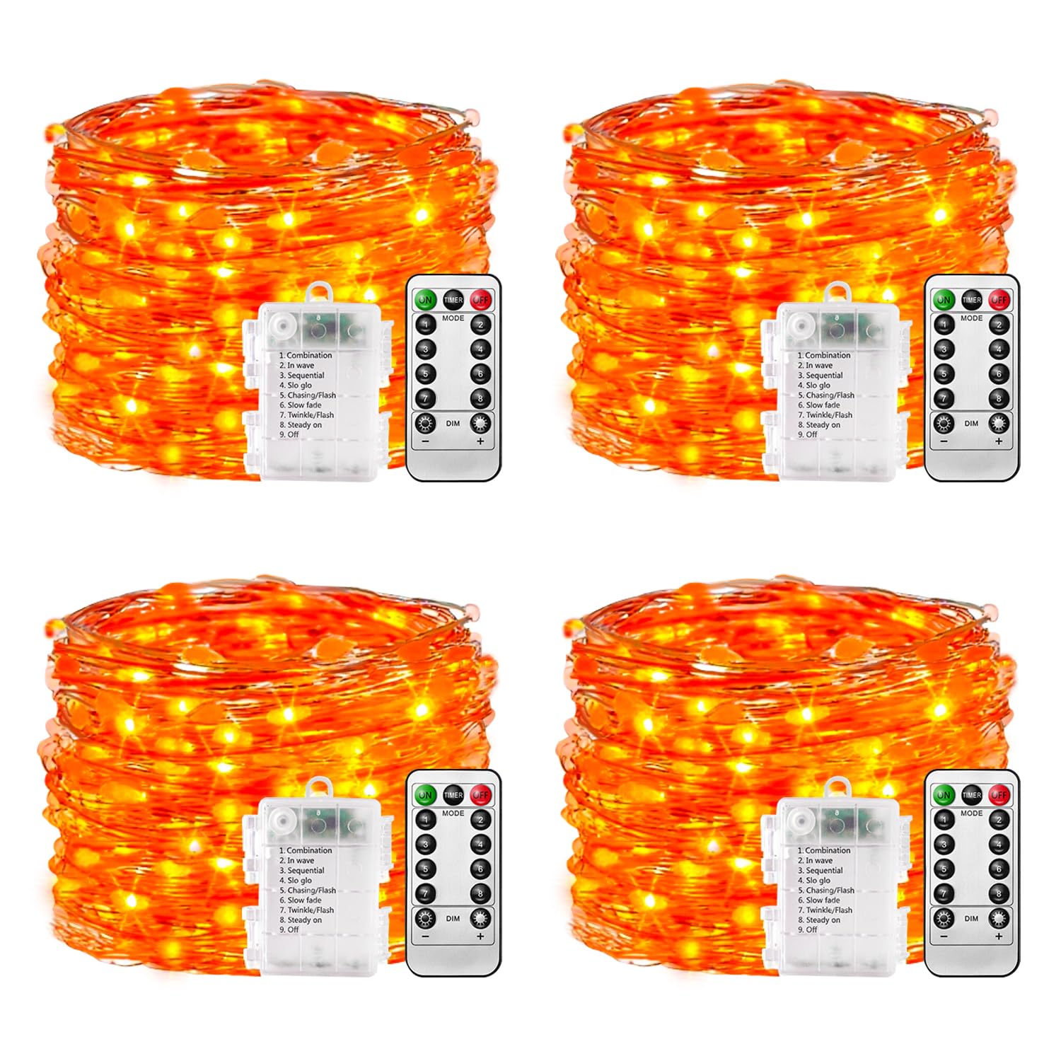 plainshe Battery Fairy Lights - 4 Pack Orange Color, 10m 100 Led Copper Wire Fairy Lights, 8 Modes Remote Control Timer, Waterproof String Lights Battery Operated, Christmas Decoration Indoor Outdoor
