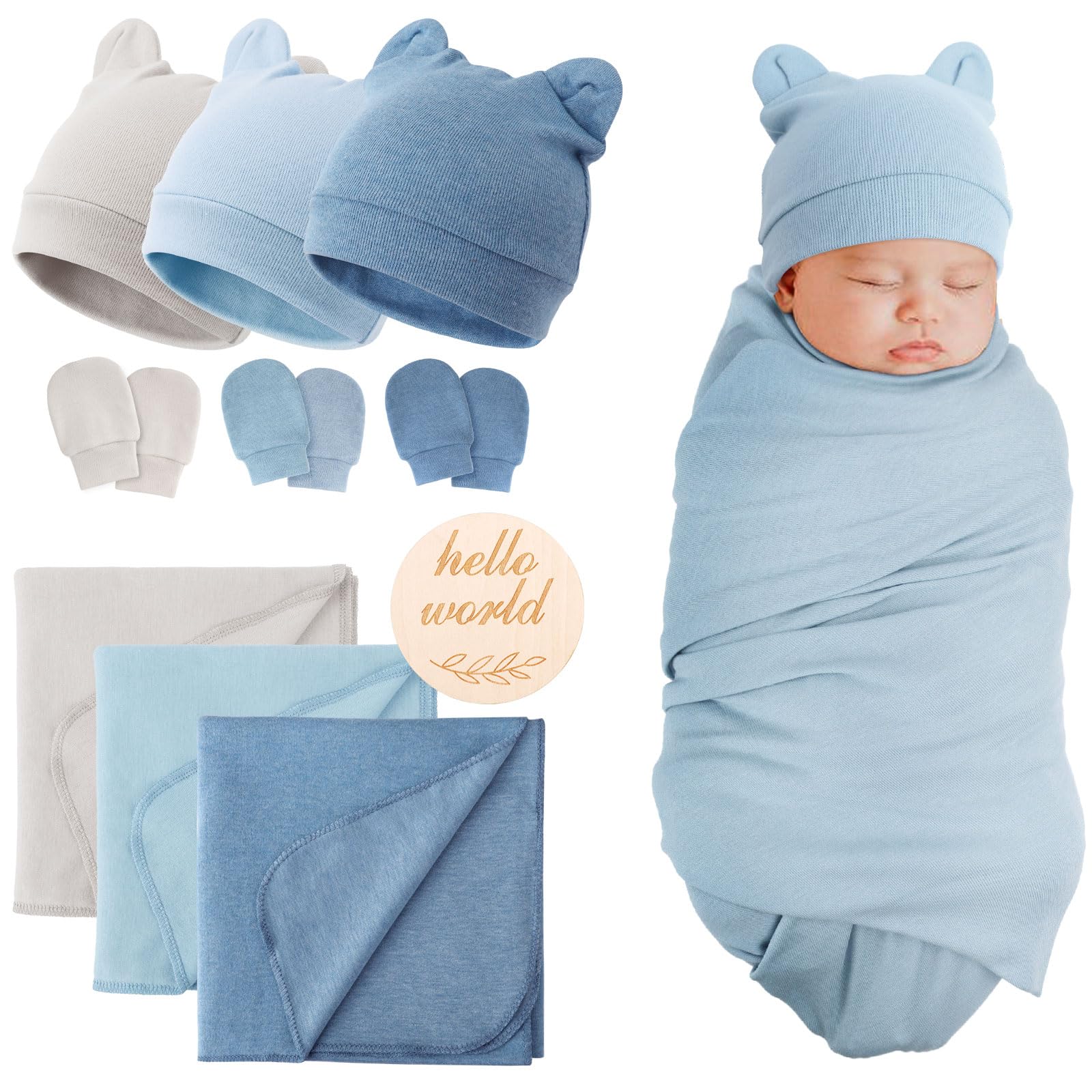 DRESHOW Newborn Baby Blanket Soft Swaddle Blankets for Infant Swaddling Receiving Warm Wraps with Bear Ear Hat Headband with Gloves