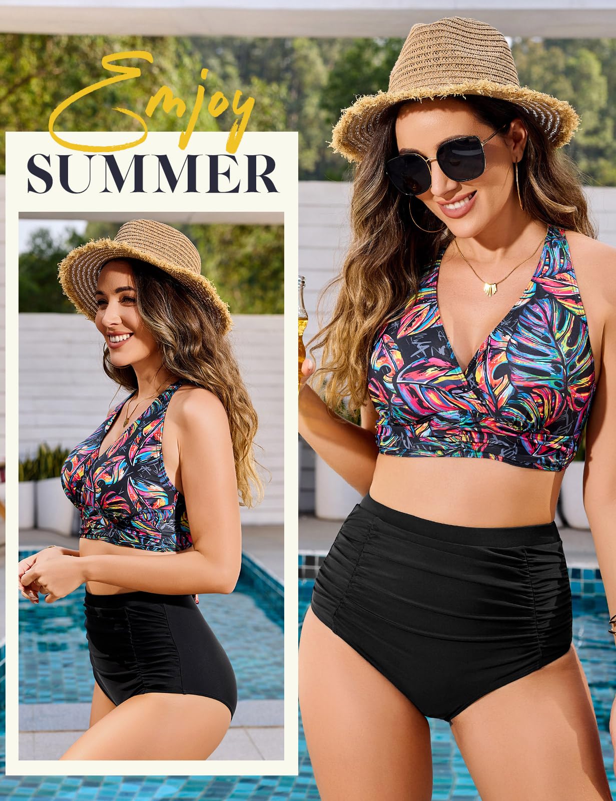 Voqeen Mujer Bikinis Reductor Barriga Cintura Alta Traje de Baño 2 Piezas Push Up con Relleno Conjuntos de Bikinis de Playa Bañadores de Natacion Cuello en V Bikini Top y Braga Ajustable