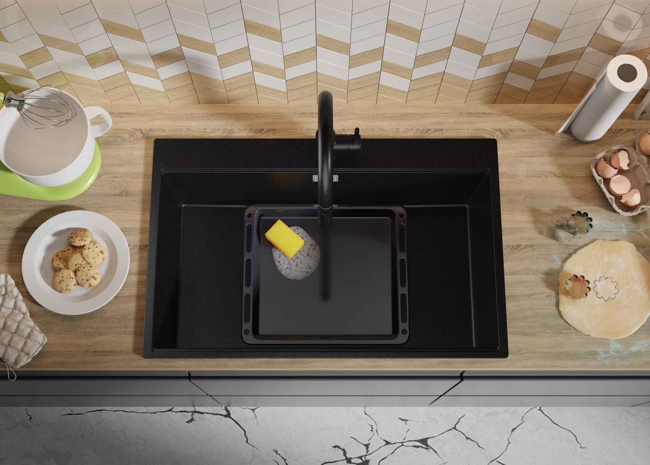 PRIMAGRAN Lavello da Cucina Nero 78x50cm, Lavandino in Granito a 1 vasca + Set di accessori, Lavabo da Cucina Incasso al Mobile 80cm - Oslo Top S557