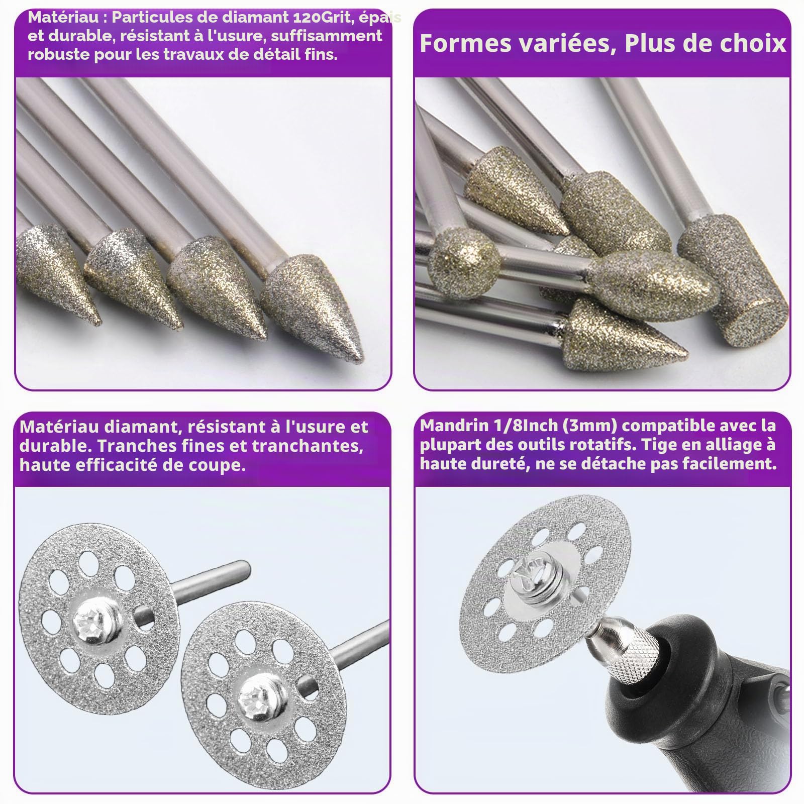22 Fraises Diamantée Grain 120 + 10 Disque Diamant Compatibles avec Dremel, avec Coffret de Rangement Bleu, Tige de 3mm Pour le Verre, Les Pierres Précieuses, Jade, Le Polissage des Détails, Gravure