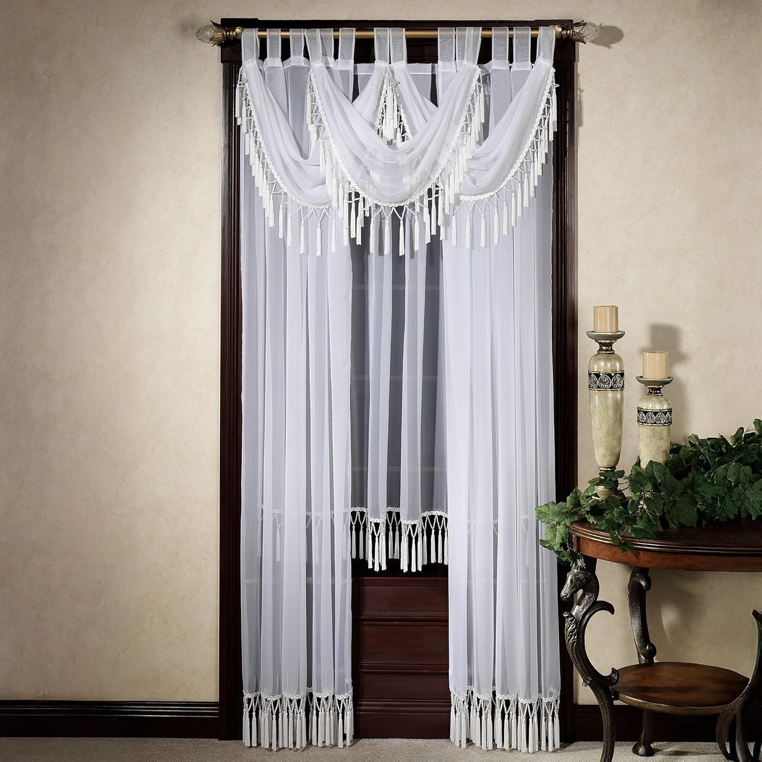 Rajah Pearl Luxury Window Treatments | Glamorous Soft Gold | Semi-Sheer Polyester Voile with Faux Pearl Beading and Tasseled Fringe | Tab Top Drapery Set: 3 Swag Valances, 1-63L Panel, & 2-84L Panels