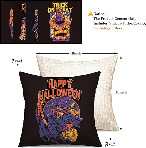 Miniatura 7 de MGupzao Juego de 4 fundas de almohada de Halloween de 18 x 18 pulgadas para decoración de Halloween en interiores, funda de almohada de lino para