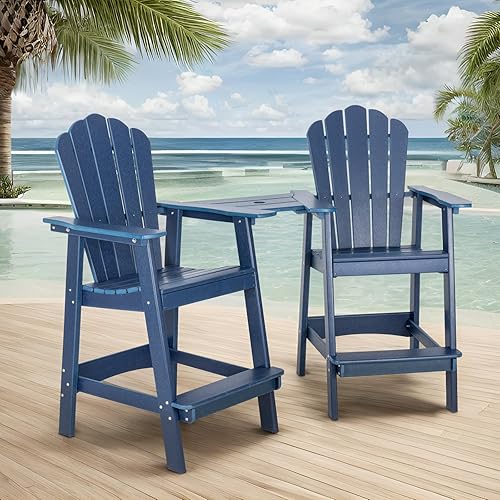 Tall Adirondack Chair Set of 2, HDPE Adirondack Barstools, Double Balcony Chairs with Connecting Tray, Weather Resistant for Outdoor, Poolside, Patio, Garden, Backyard (Navy)
