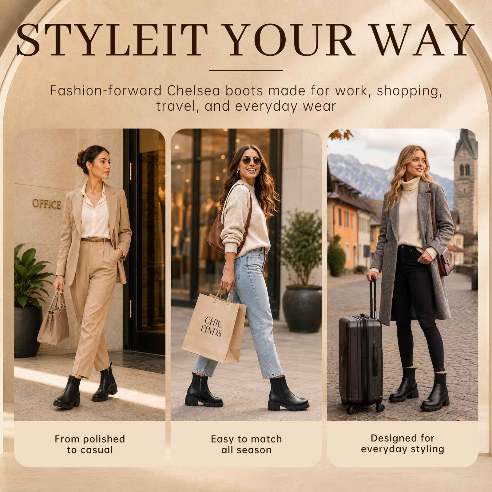 ziitop Damen Chelsea Boots mit Reißverschluss Chunky Plateau Stiefeletten mit Blockabsatz Profilsohle elastischem Einsatz und runder Zehe